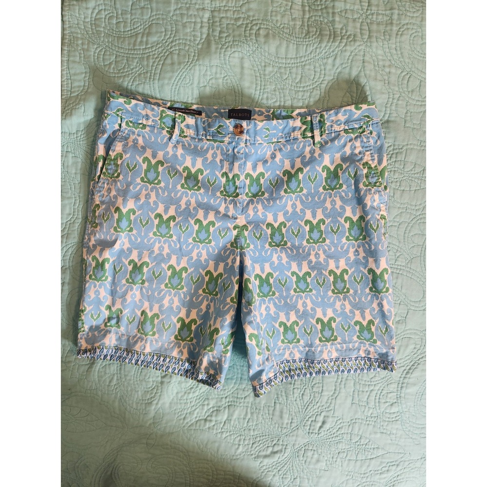 Talbots Relaxed Chino Shorts 16 Blue Green Ikat Damask Print 7" Inseam Cotton